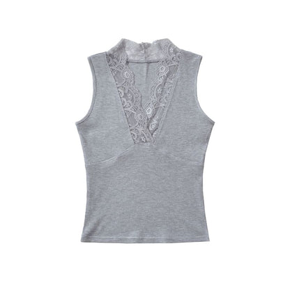 V-Neck Lace Trim Sleeveless Crop Top