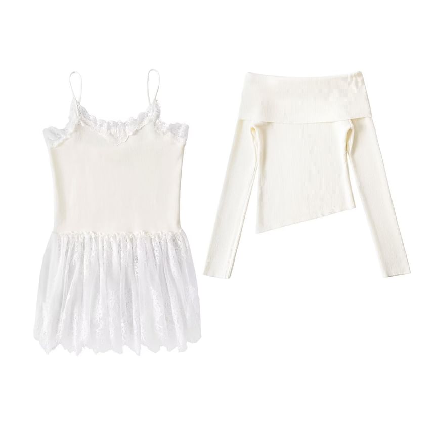 Off Shoulder Knit Top Lace Panel Camisole Set