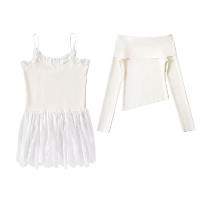 Off Shoulder Knit Top Lace Panel Camisole Set