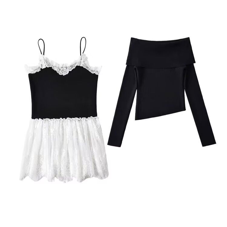 Off Shoulder Knit Top Lace Panel Camisole Set