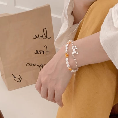 Sterling Bow Pearl Beaded Bracelet Natural / Silver 925