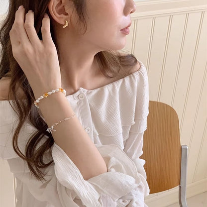 Sterling Bow Pearl Beaded Bracelet Natural / Silver 925