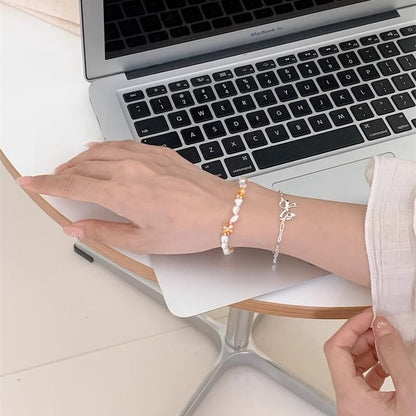 Sterling Bow Pearl Beaded Bracelet Natural / Silver 925