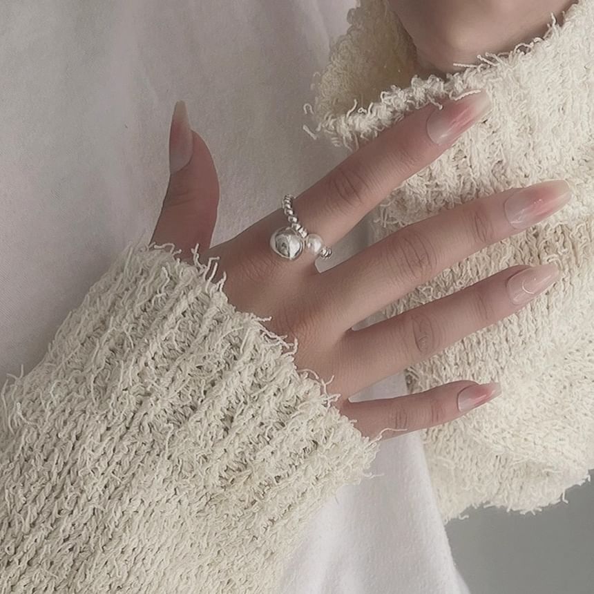 Ring Pearl Faux Silver Elastic Beaded Sterling 925