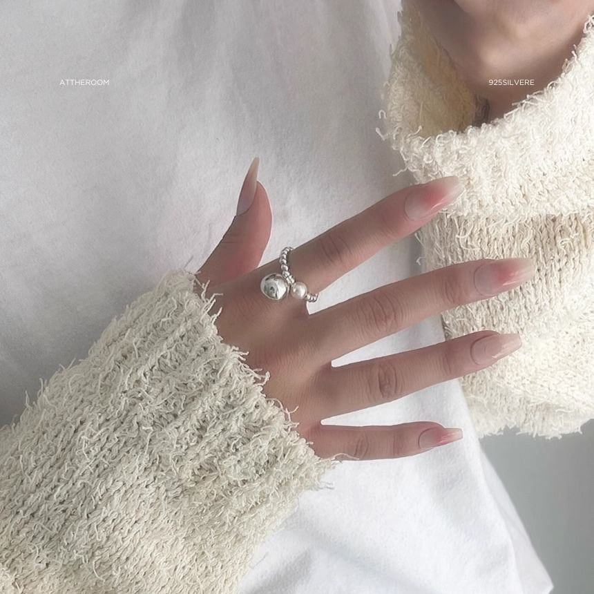 Ring Pearl Faux Silver Elastic Beaded Sterling 925