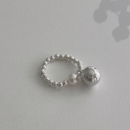 Ring Pearl Faux Silver Elastic Beaded Sterling 925