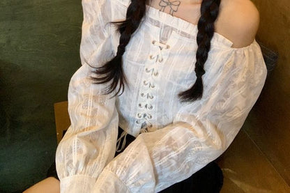 Off-Shoulder Lace-Up Long-Sleeve Crop Top