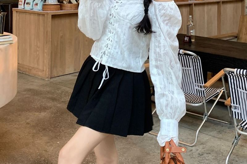 Off-Shoulder Lace-Up Long-Sleeve Crop Top
