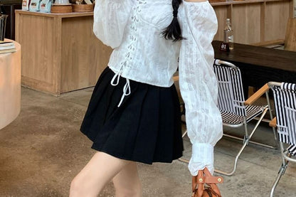 Off-Shoulder Lace-Up Long-Sleeve Crop Top