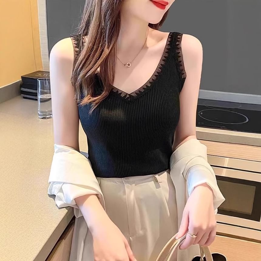 Ribbed Lace-Trim V-Neck Sleeveless Knit Top