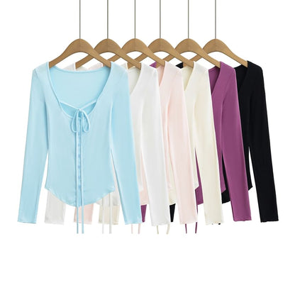 Button-Up Lace-Up Scoop Neck Long-Sleeved Tee