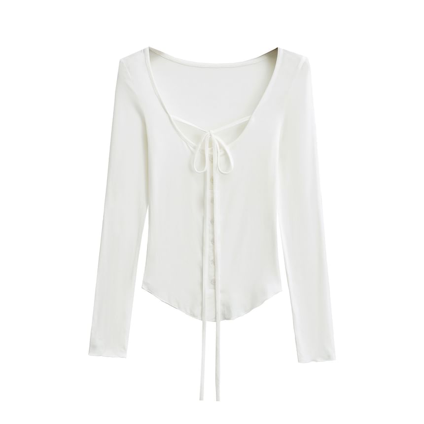 Button-Up Lace-Up Scoop Neck Long-Sleeved Tee