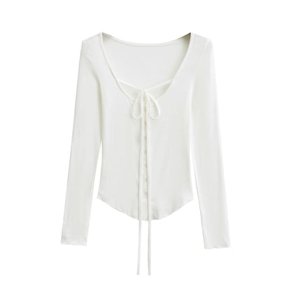 Button-Up Lace-Up Scoop Neck Long-Sleeved Tee