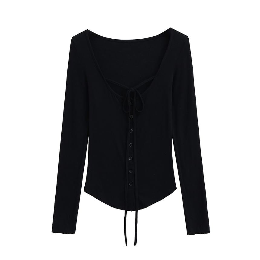 Button-Up Lace-Up Scoop Neck Long-Sleeved Tee