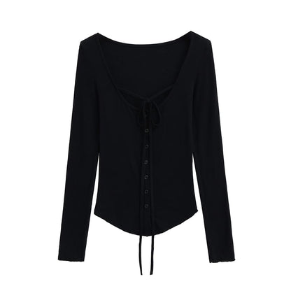 Button-Up Lace-Up Scoop Neck Long-Sleeved Tee