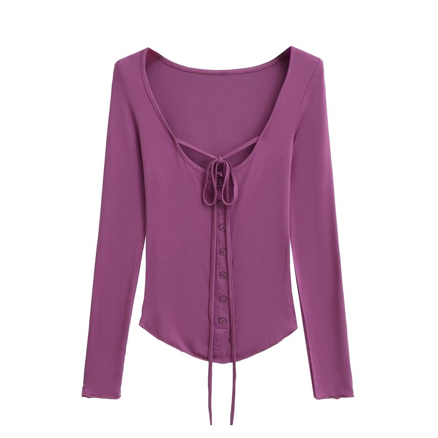 Button-Up Lace-Up Scoop Neck Long-Sleeved Tee