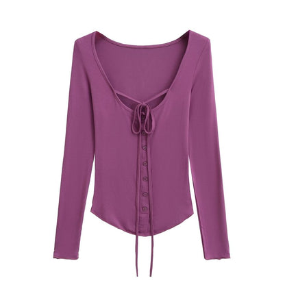 Button-Up Lace-Up Scoop Neck Long-Sleeved Tee