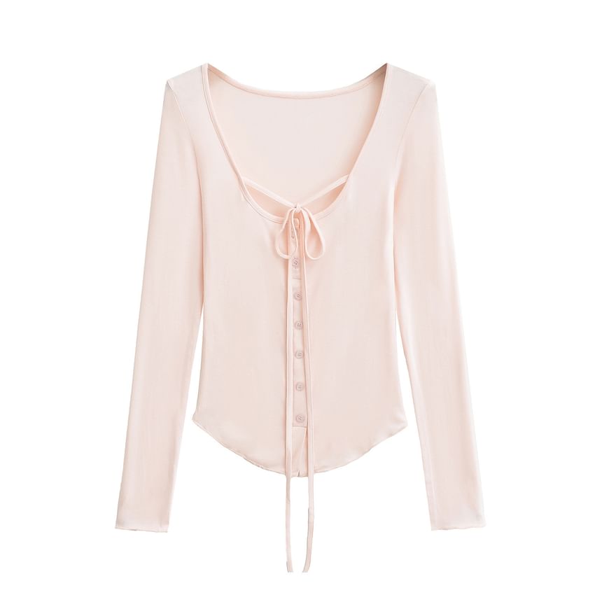 Button-Up Lace-Up Scoop Neck Long-Sleeved Tee