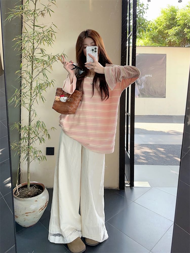 Striped Oversized Scoop Neck Tee Wide Leg Lace Pants