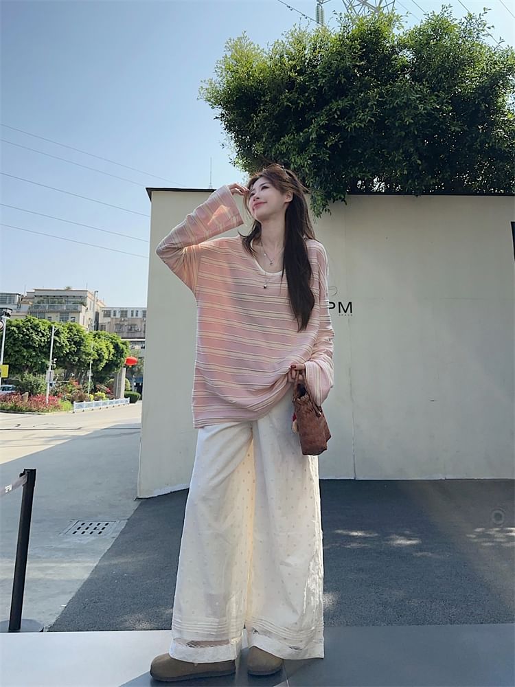 Striped Oversized Scoop Neck Tee Wide Leg Lace Pants