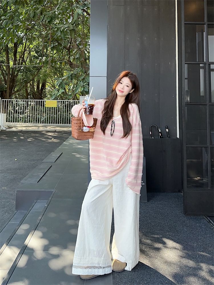 Striped Oversized Scoop Neck Tee Wide Leg Lace Pants