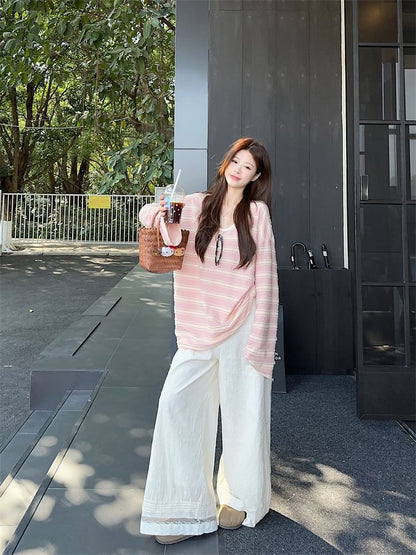 Striped Oversized Scoop Neck Tee Wide Leg Lace Pants