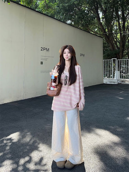 Striped Oversized Scoop Neck Tee Wide Leg Lace Pants