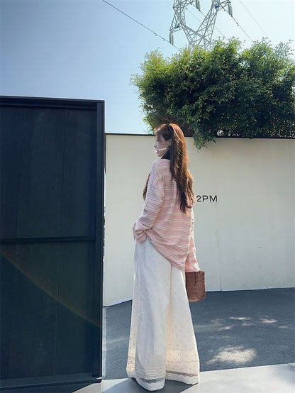 Striped Oversized Scoop Neck Tee Wide Leg Lace Pants
