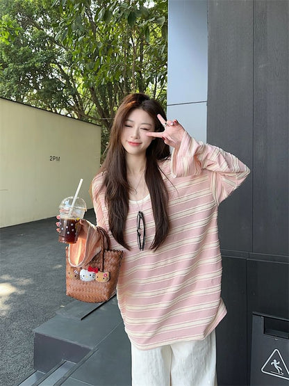 Striped Oversized Scoop Neck Tee Wide Leg Lace Pants