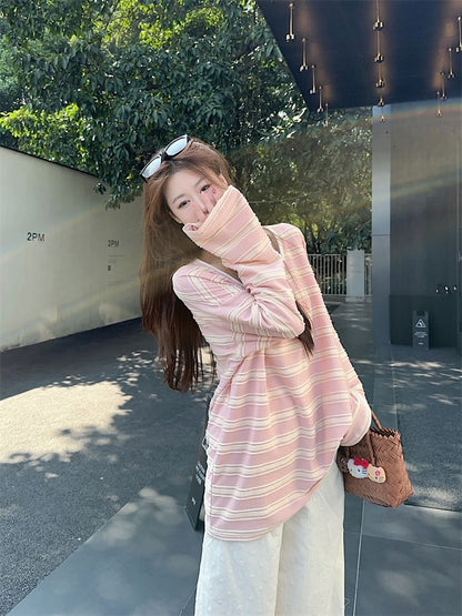 Striped Oversized Scoop Neck Tee Wide Leg Lace Pants