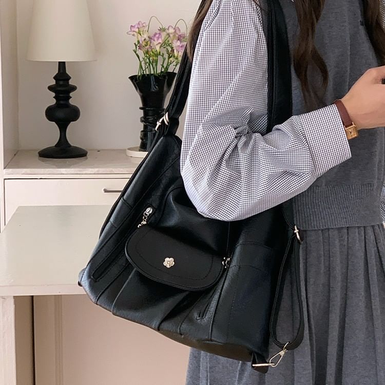 Faux Leather Plain Shoulder Bag