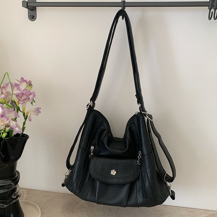 Faux Leather Plain Shoulder Bag