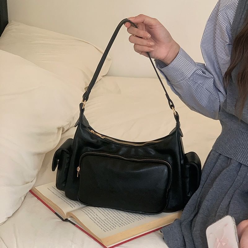 Faux Leather Plain Zip Shoulder Bag