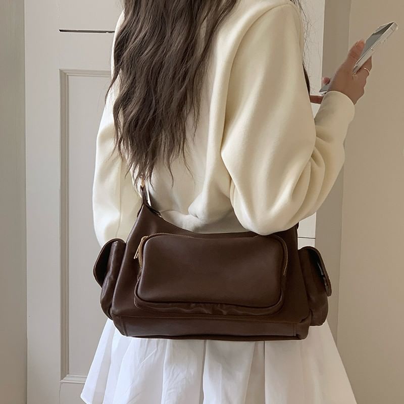 Faux Leather Plain Zip Shoulder Bag