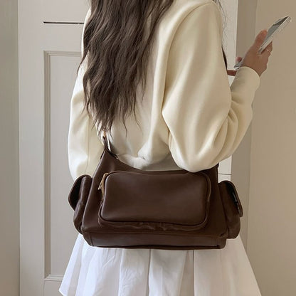 Faux Leather Plain Zip Shoulder Bag