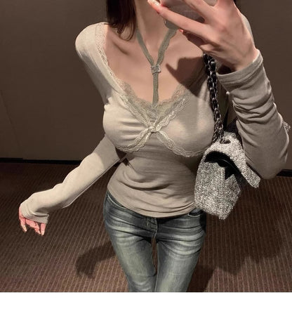 Lace-Trim Long-Sleeve Scoop Neck Tee