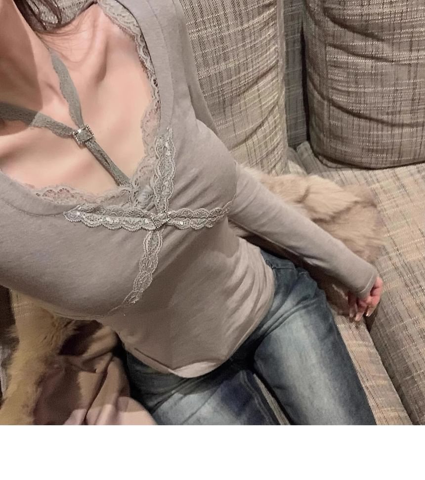 Lace-Trim Long-Sleeve Scoop Neck Tee