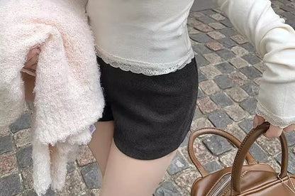 Long-Sleeved Lace-Trim Plain Knit Tee