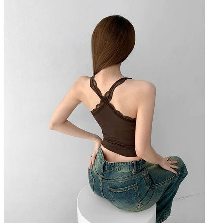 Cropped Lace-Trim Scoop Neck Cami Top
