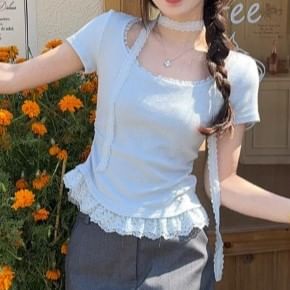 Scoop Neck Lace Trim Short-Sleeved T-Shirt