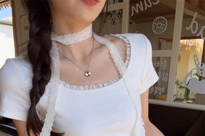 Scoop Neck Lace Trim Short-Sleeved T-Shirt