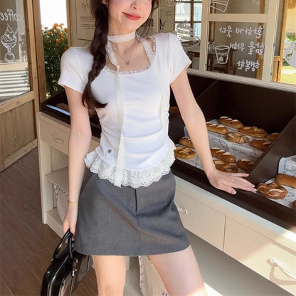 Scoop Neck Lace Trim Short-Sleeved T-Shirt