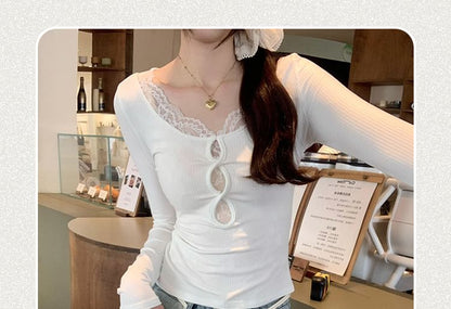 Slim-Fit Lace Panel V-Neck Long-Sleeve Tee