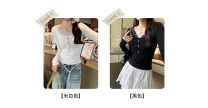 Slim-Fit Lace Panel V-Neck Long-Sleeve Tee