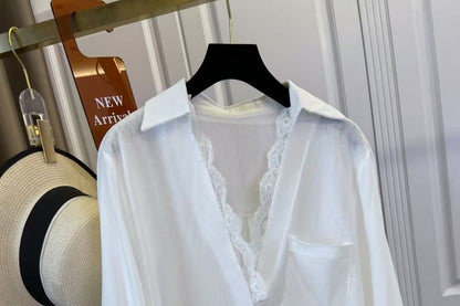 Pocket Detail Lace Trim V-Neck Long-Sleeved Shirt