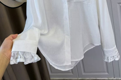 Pocket Detail Lace Trim V-Neck Long-Sleeved Shirt