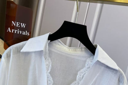 Pocket Detail Lace Trim V-Neck Long-Sleeved Shirt
