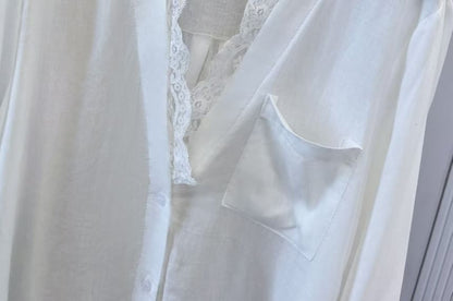 Pocket Detail Lace Trim V-Neck Long-Sleeved Shirt