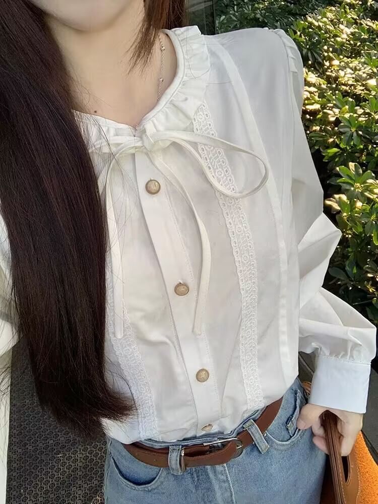 Frill Trim Lace Trim Button-Up Long-Sleeved Blouse