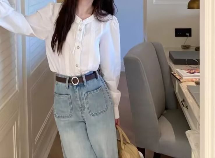 Frill Trim Lace Trim Button-Up Long-Sleeved Blouse